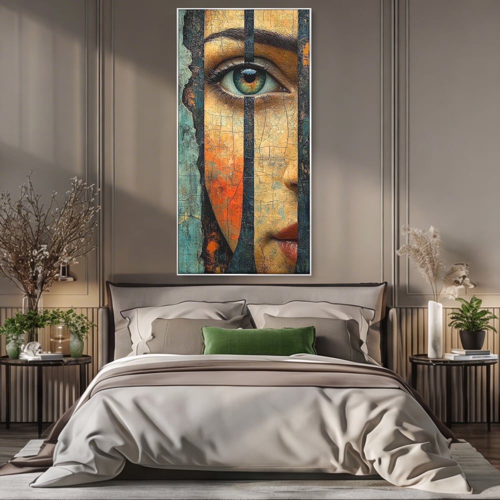 Tablou Canvas Premium, LuxCanva® C1300, Privirea dintre ziduri, Geometrie, Culori, Abstract, Auriu, Portret, Ochi, Gratii, Privire, Fereastra, Identitate, Fragmentat, Visare, Birou, Living, Dormitor