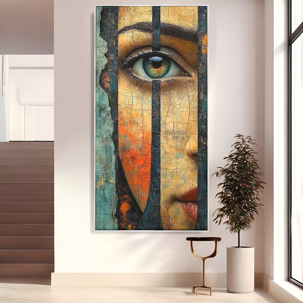 Tablou Canvas Premium, LuxCanva® C1300, Privirea dintre ziduri, Geometrie, Culori, Abstract, Auriu, Portret, Ochi, Gratii, Privire, Fereastra, Identitate, Fragmentat, Visare, Birou, Living, Dormitor
