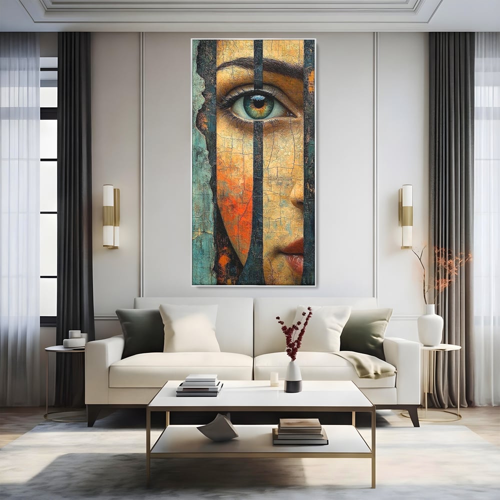 Tablou Canvas Premium, LuxCanva® C1300, Privirea dintre ziduri, Geometrie, Culori, Abstract, Auriu, Portret, Ochi, Gratii, Privire, Fereastra, Identitate, Fragmentat, Visare, Birou, Living, Dormitor