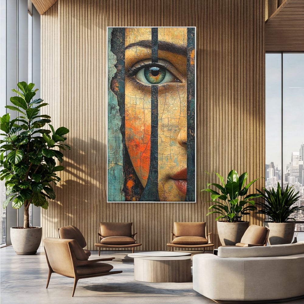 Tablou Canvas Premium, LuxCanva® C1300, Privirea dintre ziduri, Geometrie, Culori, Abstract, Auriu, Portret, Ochi, Gratii, Privire, Fereastra, Identitate, Fragmentat, Visare, Birou, Living, Dormitor
