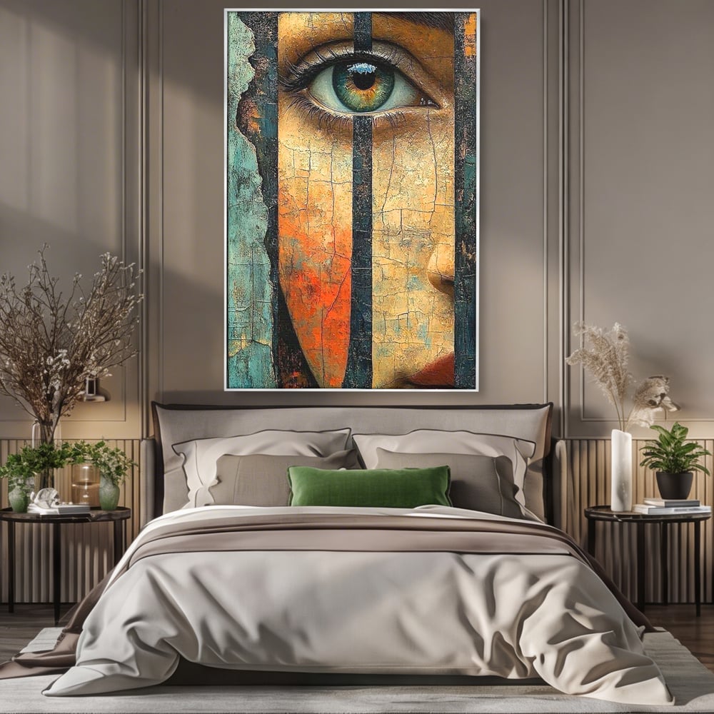 Tablou Canvas Premium, LuxCanva® C1300, Privirea dintre ziduri, Geometrie, Culori, Abstract, Auriu, Portret, Ochi, Gratii, Privire, Fereastra, Identitate, Fragmentat, Visare, Birou, Living, Dormitor