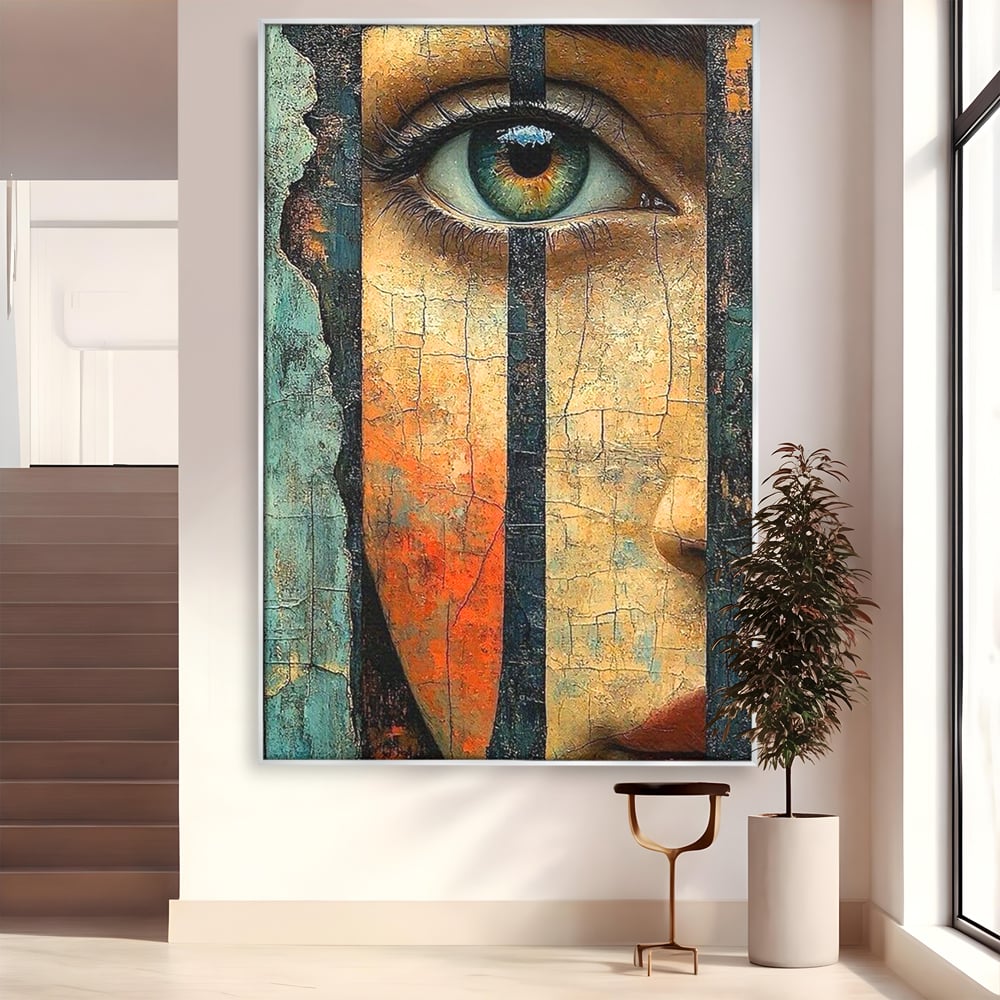 Tablou Canvas Premium, LuxCanva® C1300, Privirea dintre ziduri, Geometrie, Culori, Abstract, Auriu, Portret, Ochi, Gratii, Privire, Fereastra, Identitate, Fragmentat, Visare, Birou, Living, Dormitor