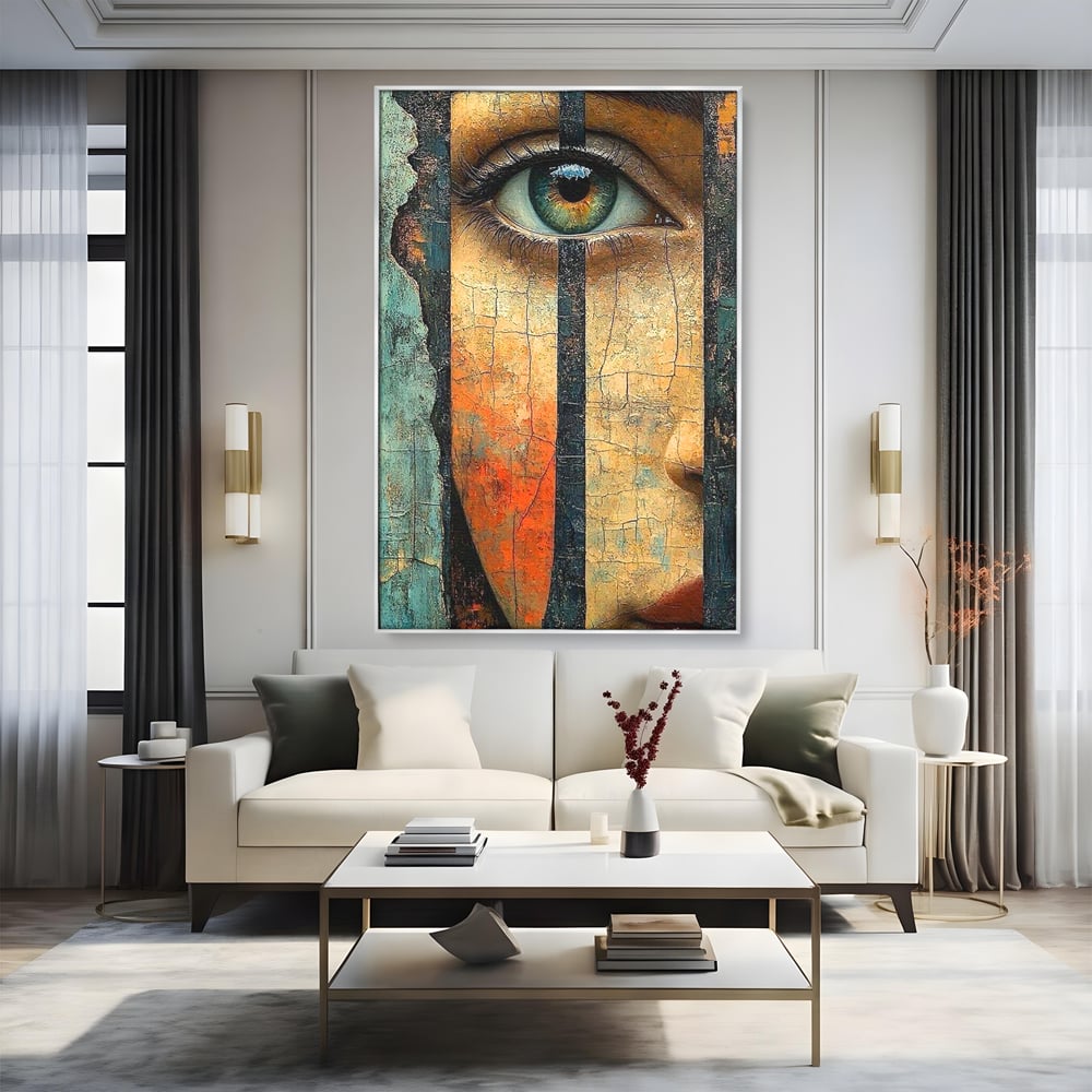 Tablou Canvas Premium, LuxCanva® C1300, Privirea dintre ziduri, Geometrie, Culori, Abstract, Auriu, Portret, Ochi, Gratii, Privire, Fereastra, Identitate, Fragmentat, Visare, Birou, Living, Dormitor