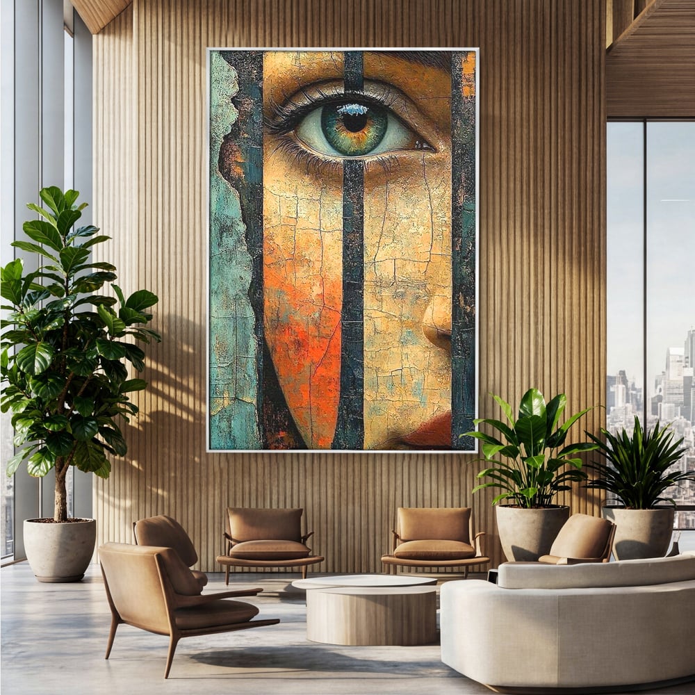 Tablou Canvas Premium, LuxCanva® C1300, Privirea dintre ziduri, Geometrie, Culori, Abstract, Auriu, Portret, Ochi, Gratii, Privire, Fereastra, Identitate, Fragmentat, Visare, Birou, Living, Dormitor