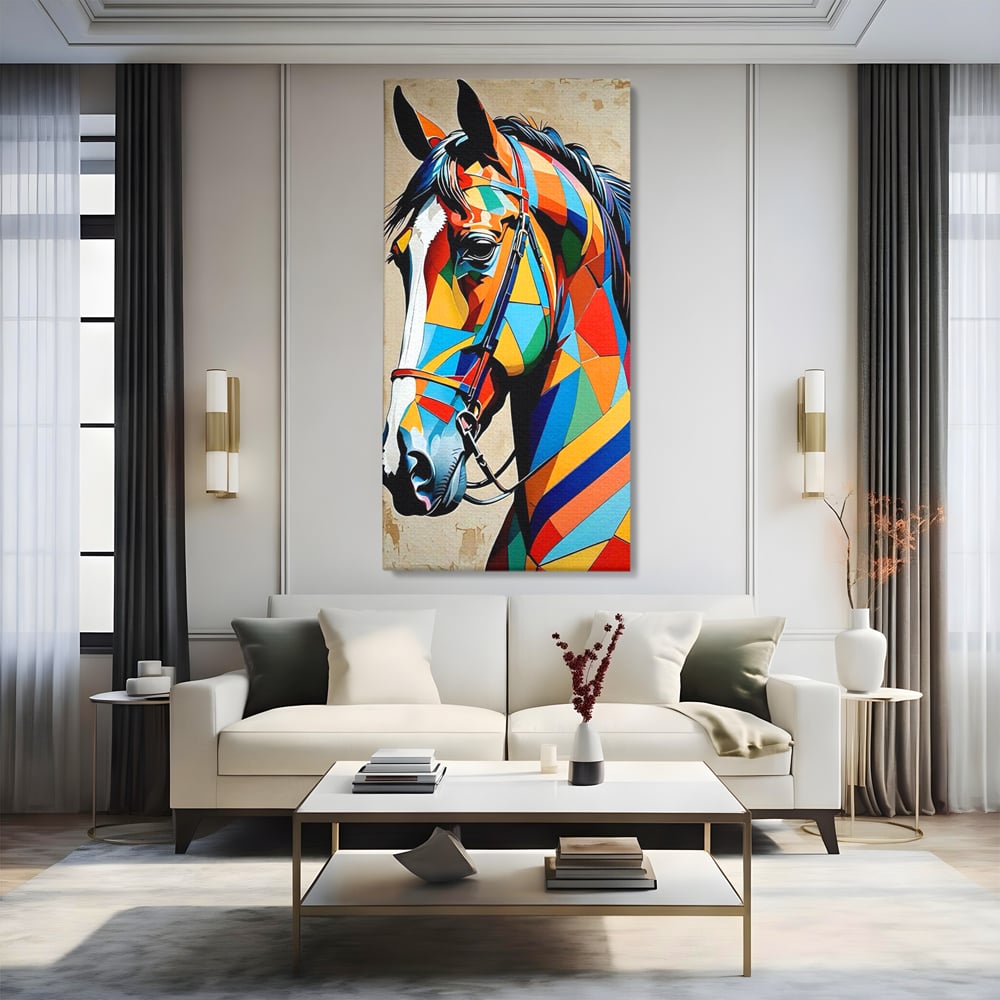 Tablou Canvas Premium, LuxCanva® C1301, Calul din lumina, Geometrie, Culori, Abstract, Armasar, Herghelie, Curcubeu, Calaret, Noblete, Forta, Gratie, Natura, Eleganta, Birou, Living, Dormitor