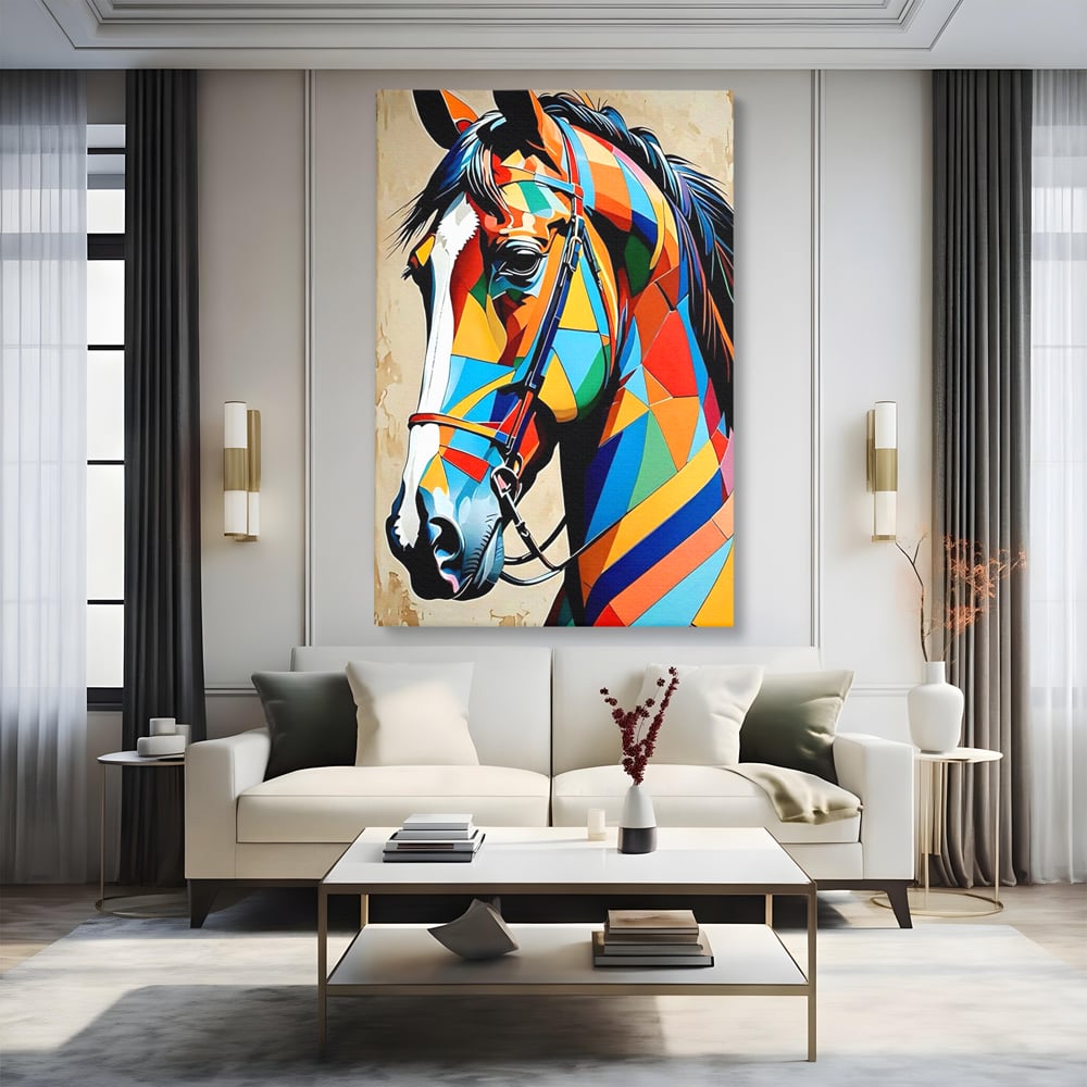 Tablou Canvas Premium, LuxCanva® C1301, Calul din lumina, Geometrie, Culori, Abstract, Armasar, Herghelie, Curcubeu, Calaret, Noblete, Forta, Gratie, Natura, Eleganta, Birou, Living, Dormitor