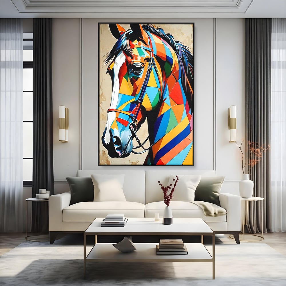 Tablou Canvas Premium, LuxCanva® C1301, Calul din lumina, Geometrie, Culori, Abstract, Armasar, Herghelie, Curcubeu, Calaret, Noblete, Forta, Gratie, Natura, Eleganta, Birou, Living, Dormitor