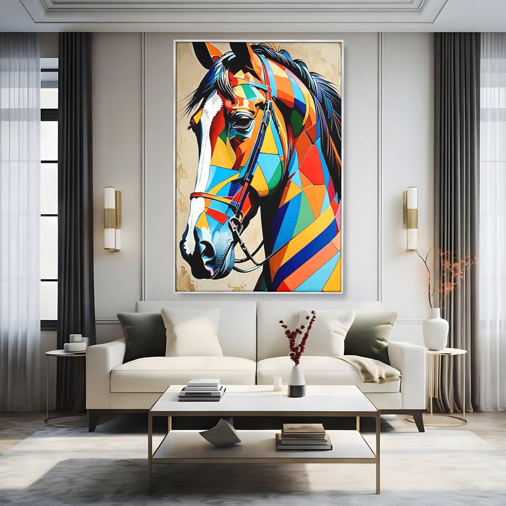 Tablou Canvas Premium, LuxCanva® C1301, Calul din lumina, Geometrie, Culori, Abstract, Armasar, Herghelie, Curcubeu, Calaret, Noblete, Forta, Gratie, Natura, Eleganta, Birou, Living, Dormitor