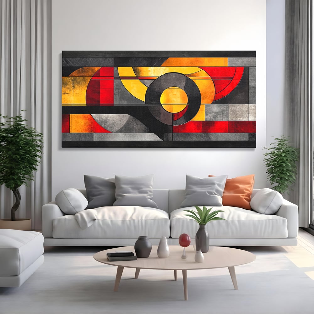 Tablou Canvas Premium, LuxCanva® C1302, Cercul care taie linistea, Geometrie, Culori, Abstract, Echilibru, Rosu, Foc, Cerc, Ars, Linii, Arhitectura, Simbol, Design, Arta, Birou, Living, Dormitor