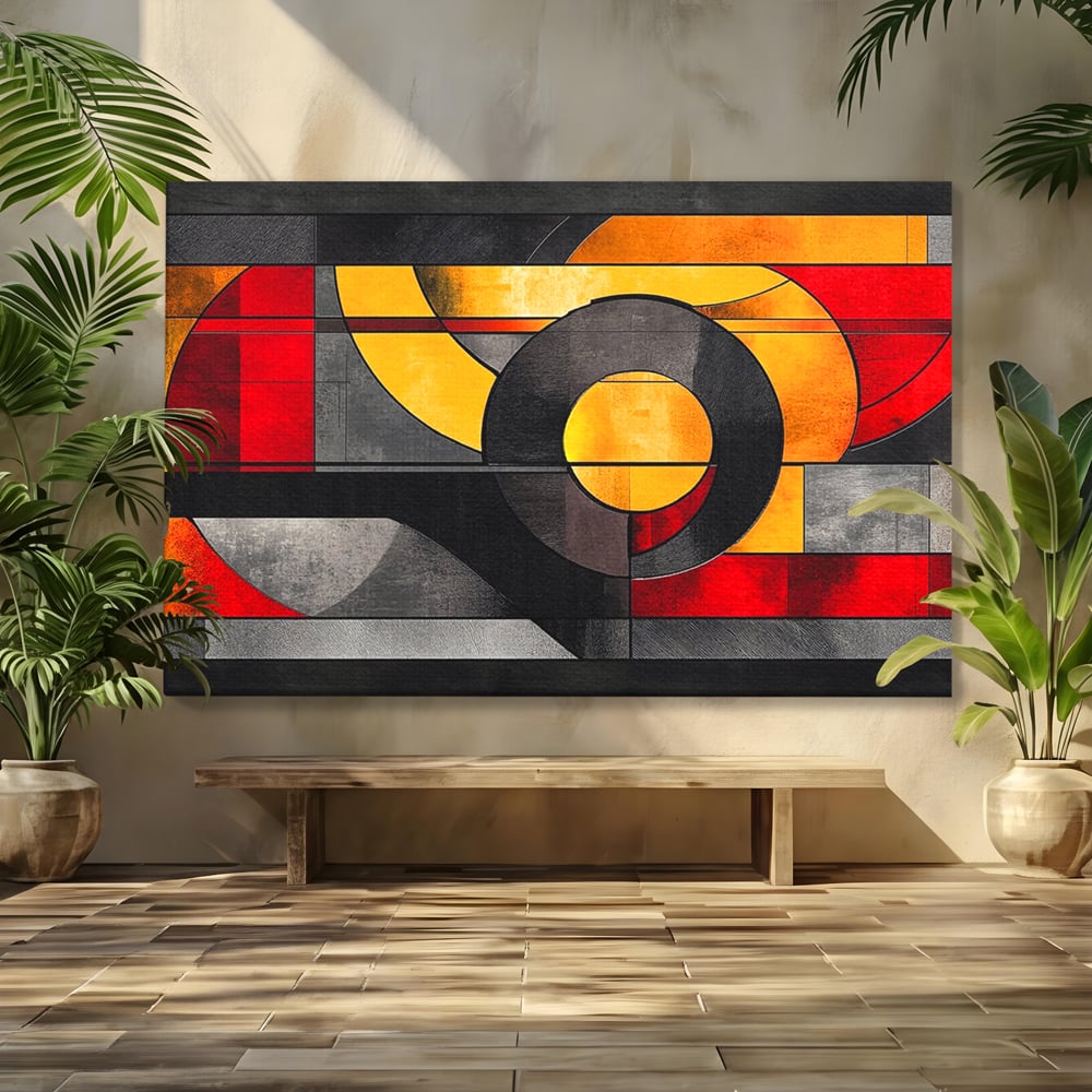 Tablou Canvas Premium, LuxCanva® C1302, Cercul care taie linistea, Geometrie, Culori, Abstract, Echilibru, Rosu, Foc, Cerc, Ars, Linii, Arhitectura, Simbol, Design, Arta, Birou, Living, Dormitor