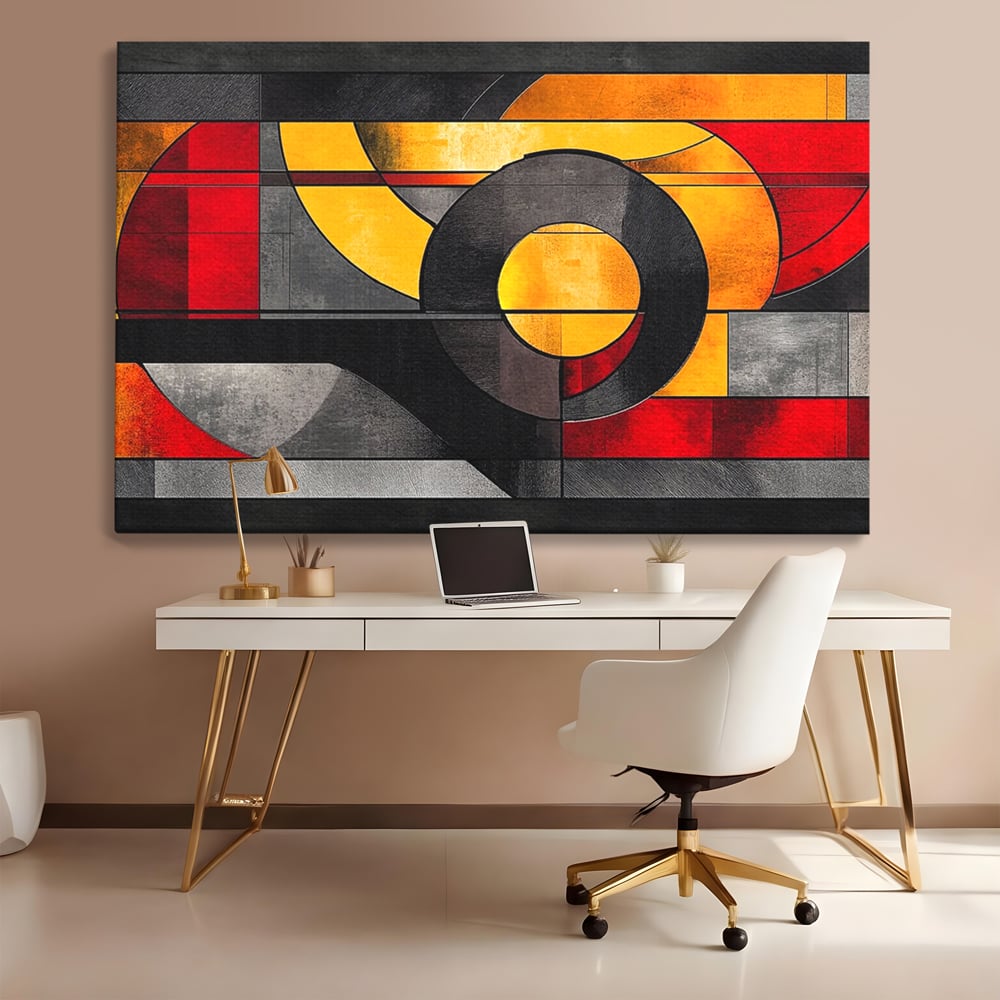 Tablou Canvas Premium, LuxCanva® C1302, Cercul care taie linistea, Geometrie, Culori, Abstract, Echilibru, Rosu, Foc, Cerc, Ars, Linii, Arhitectura, Simbol, Design, Arta, Birou, Living, Dormitor