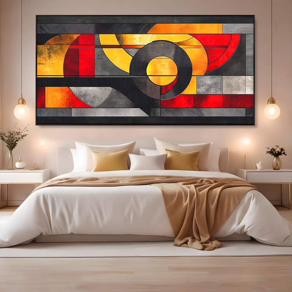 Tablou Canvas Premium, LuxCanva® C1302, Cercul care taie linistea, Geometrie, Culori, Abstract, Echilibru, Rosu, Foc, Cerc, Ars, Linii, Arhitectura, Simbol, Design, Arta, Birou, Living, Dormitor