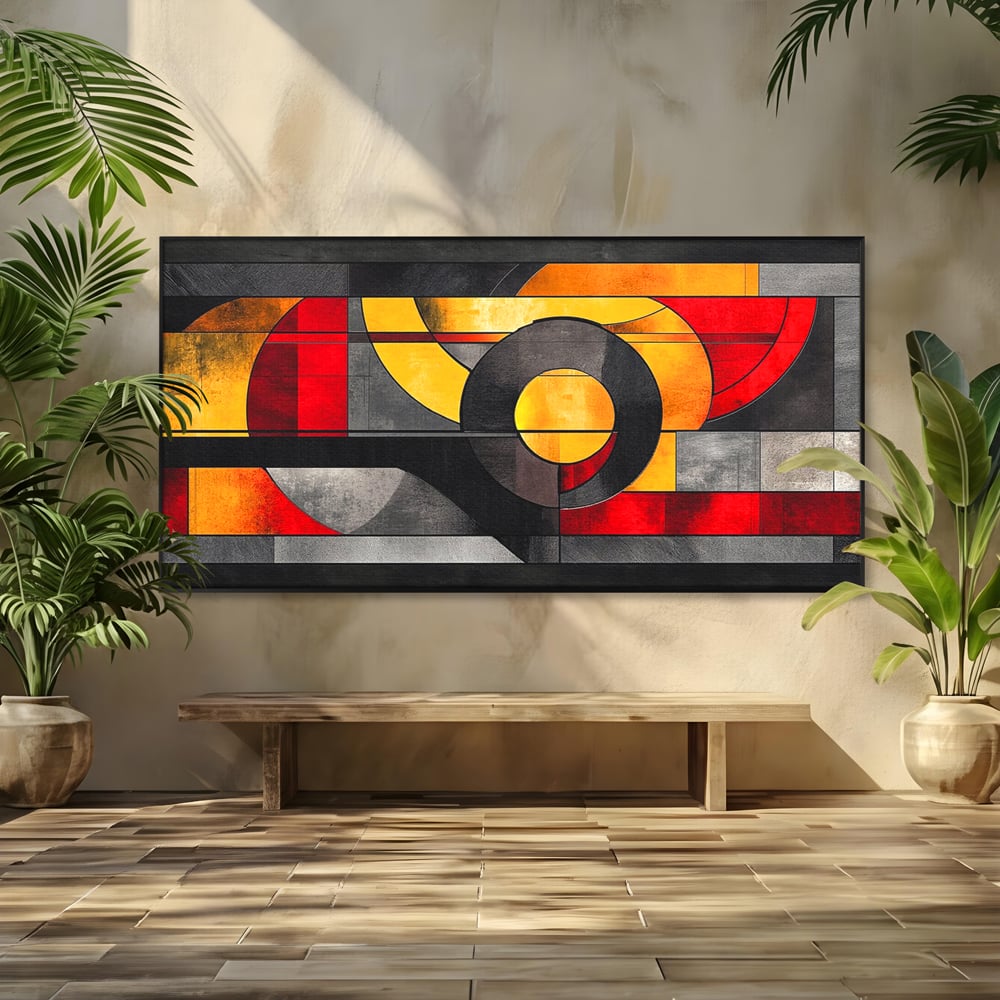 Tablou Canvas Premium, LuxCanva® C1302, Cercul care taie linistea, Geometrie, Culori, Abstract, Echilibru, Rosu, Foc, Cerc, Ars, Linii, Arhitectura, Simbol, Design, Arta, Birou, Living, Dormitor