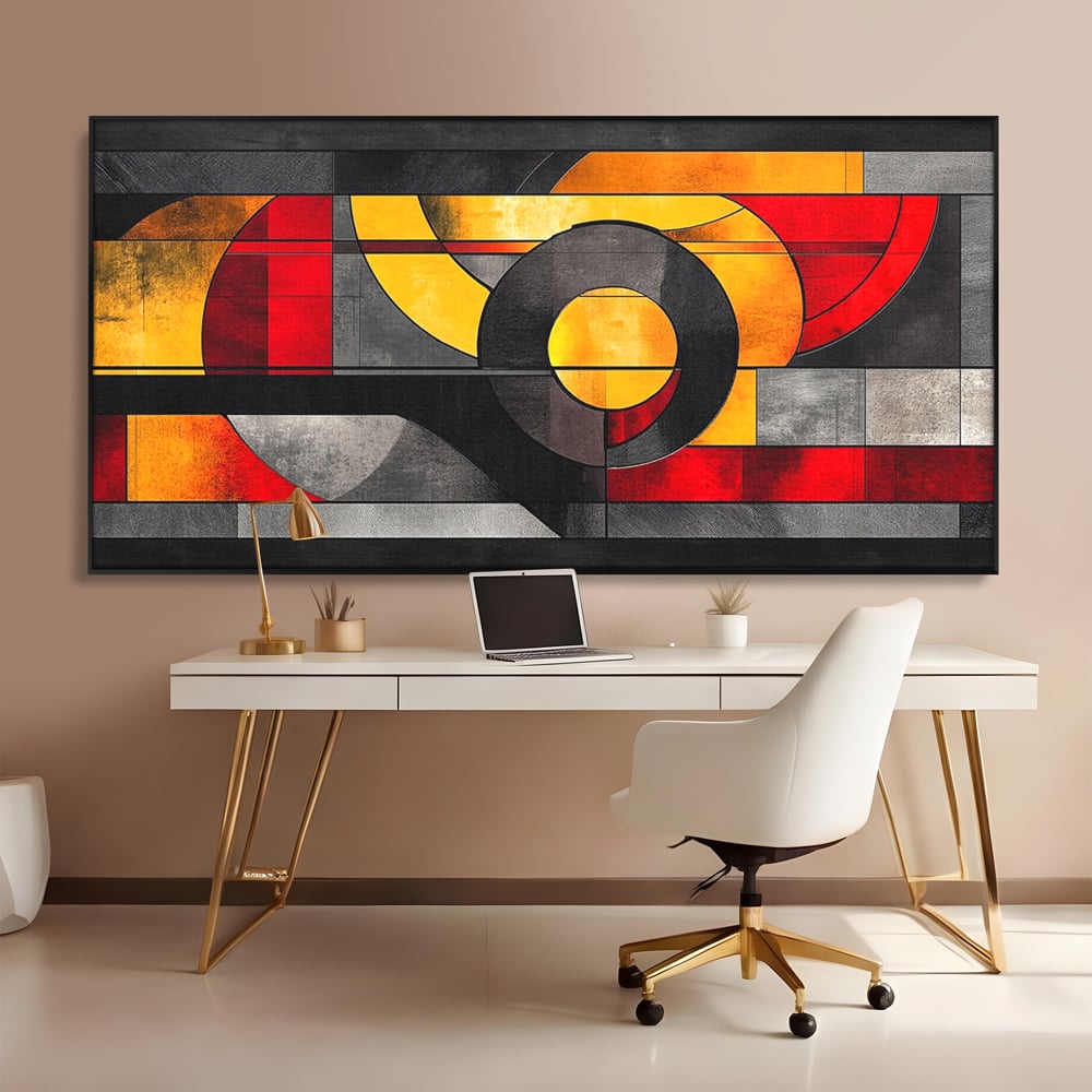 Tablou Canvas Premium, LuxCanva® C1302, Cercul care taie linistea, Geometrie, Culori, Abstract, Echilibru, Rosu, Foc, Cerc, Ars, Linii, Arhitectura, Simbol, Design, Arta, Birou, Living, Dormitor