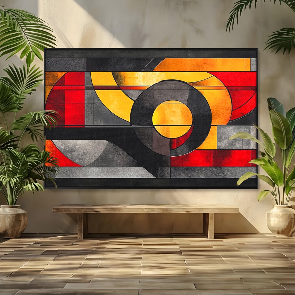 Tablou Canvas Premium, LuxCanva® C1302, Cercul care taie linistea, Geometrie, Culori, Abstract, Echilibru, Rosu, Foc, Cerc, Ars, Linii, Arhitectura, Simbol, Design, Arta, Birou, Living, Dormitor