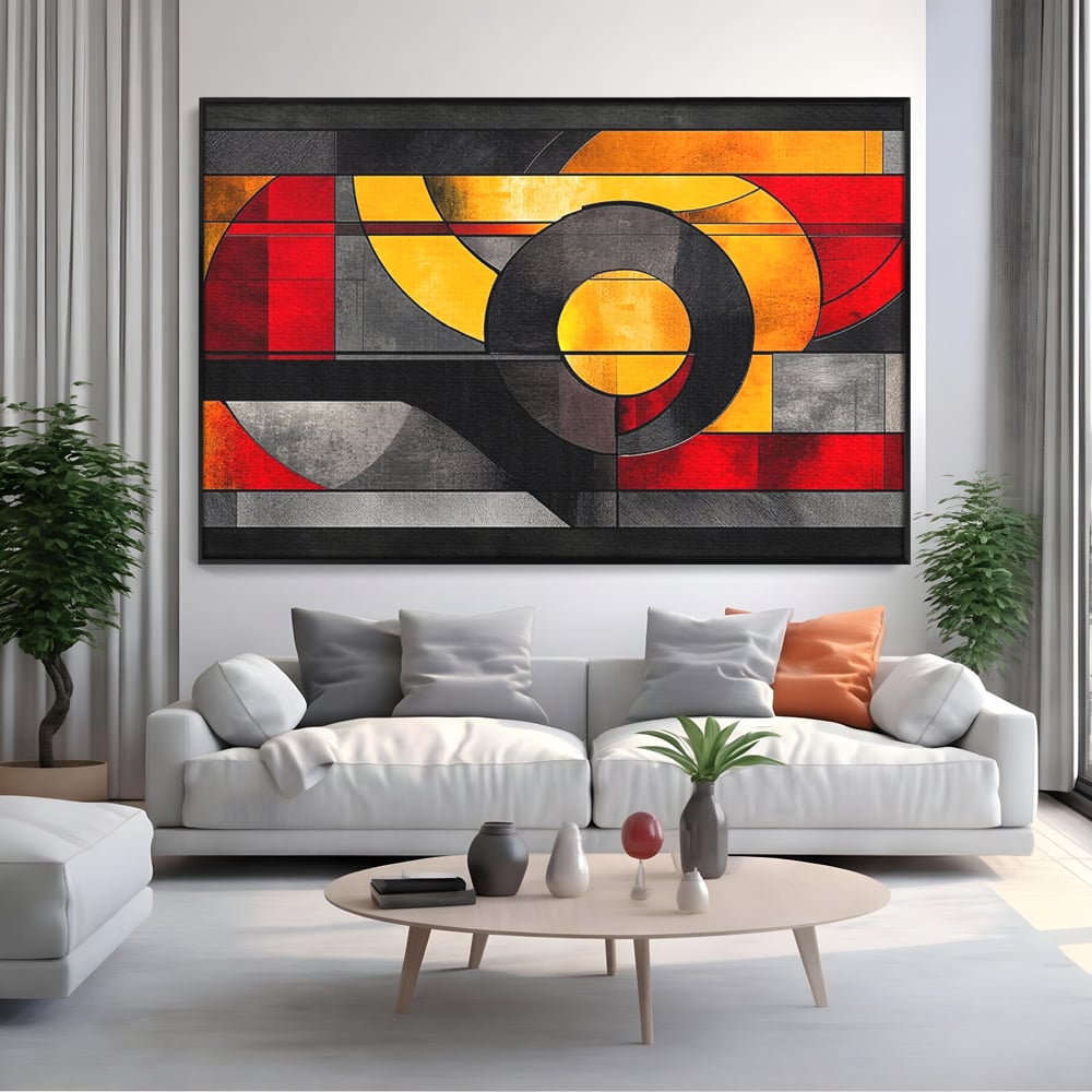 Tablou Canvas Premium, LuxCanva® C1302, Cercul care taie linistea, Geometrie, Culori, Abstract, Echilibru, Rosu, Foc, Cerc, Ars, Linii, Arhitectura, Simbol, Design, Arta, Birou, Living, Dormitor
