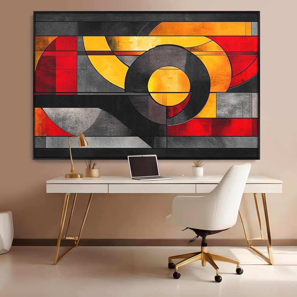 Tablou Canvas Premium, LuxCanva® C1302, Cercul care taie linistea, Geometrie, Culori, Abstract, Echilibru, Rosu, Foc, Cerc, Ars, Linii, Arhitectura, Simbol, Design, Arta, Birou, Living, Dormitor