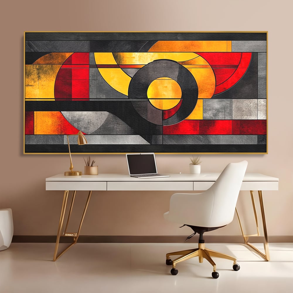 Tablou Canvas Premium, LuxCanva® C1302, Cercul care taie linistea, Geometrie, Culori, Abstract, Echilibru, Rosu, Foc, Cerc, Ars, Linii, Arhitectura, Simbol, Design, Arta, Birou, Living, Dormitor