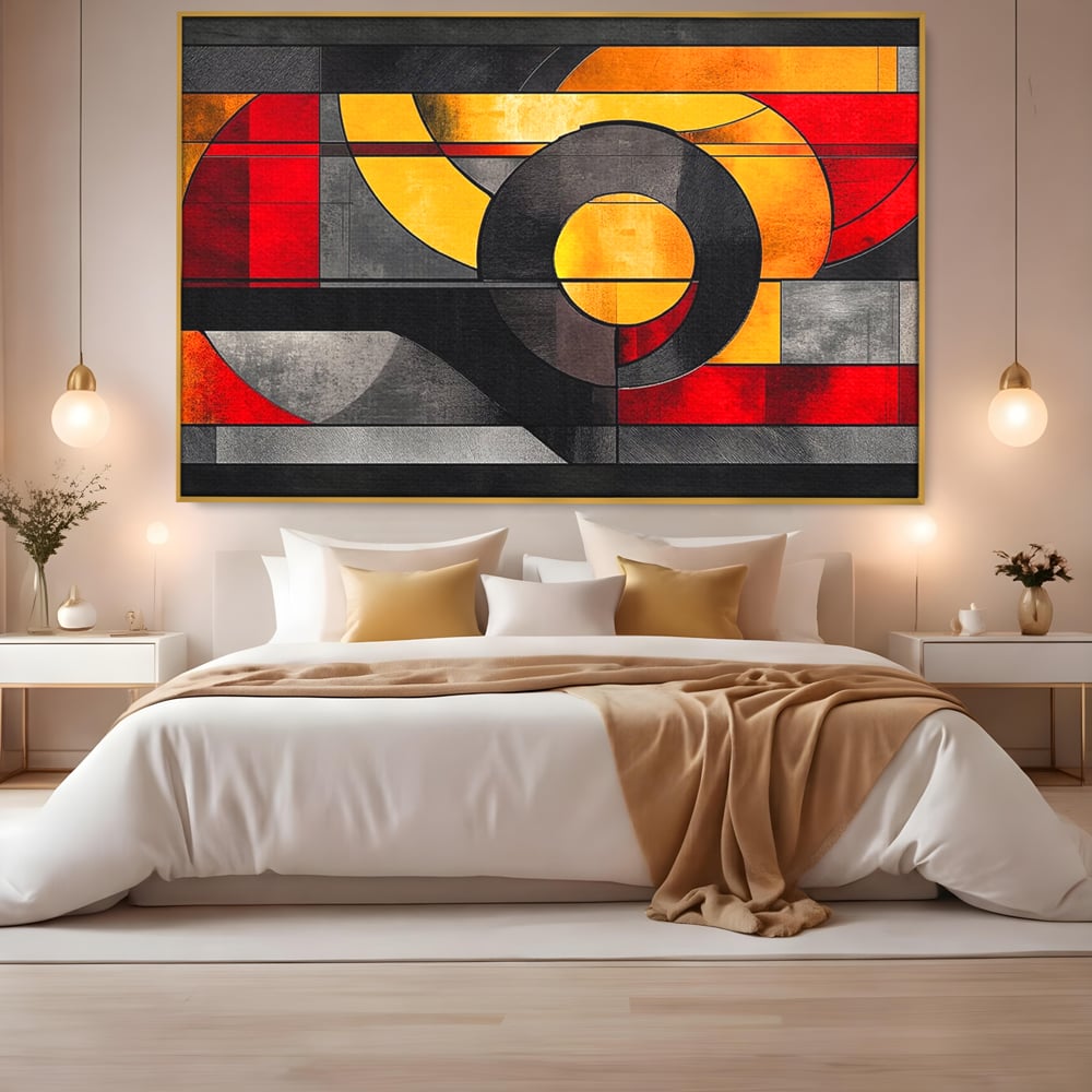 Tablou Canvas Premium, LuxCanva® C1302, Cercul care taie linistea, Geometrie, Culori, Abstract, Echilibru, Rosu, Foc, Cerc, Ars, Linii, Arhitectura, Simbol, Design, Arta, Birou, Living, Dormitor