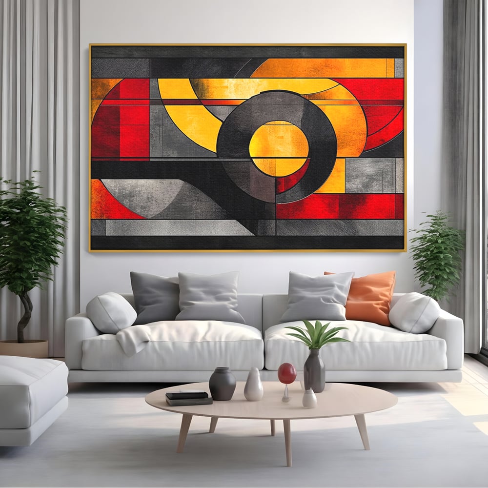 Tablou Canvas Premium, LuxCanva® C1302, Cercul care taie linistea, Geometrie, Culori, Abstract, Echilibru, Rosu, Foc, Cerc, Ars, Linii, Arhitectura, Simbol, Design, Arta, Birou, Living, Dormitor