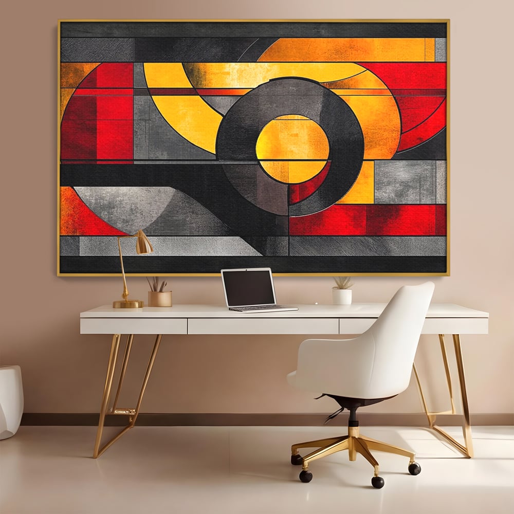 Tablou Canvas Premium, LuxCanva® C1302, Cercul care taie linistea, Geometrie, Culori, Abstract, Echilibru, Rosu, Foc, Cerc, Ars, Linii, Arhitectura, Simbol, Design, Arta, Birou, Living, Dormitor