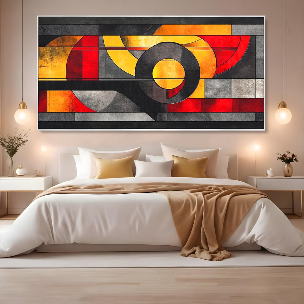 Tablou Canvas Premium, LuxCanva® C1302, Cercul care taie linistea, Geometrie, Culori, Abstract, Echilibru, Rosu, Foc, Cerc, Ars, Linii, Arhitectura, Simbol, Design, Arta, Birou, Living, Dormitor