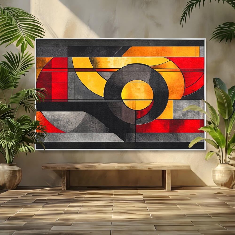 Tablou Canvas Premium, LuxCanva® C1302, Cercul care taie linistea, Geometrie, Culori, Abstract, Echilibru, Rosu, Foc, Cerc, Ars, Linii, Arhitectura, Simbol, Design, Arta, Birou, Living, Dormitor