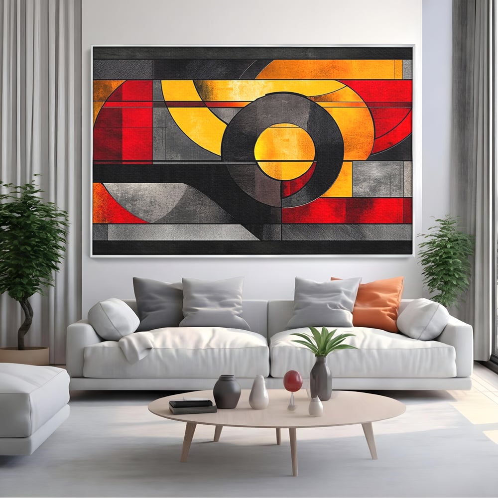 Tablou Canvas Premium, LuxCanva® C1302, Cercul care taie linistea, Geometrie, Culori, Abstract, Echilibru, Rosu, Foc, Cerc, Ars, Linii, Arhitectura, Simbol, Design, Arta, Birou, Living, Dormitor