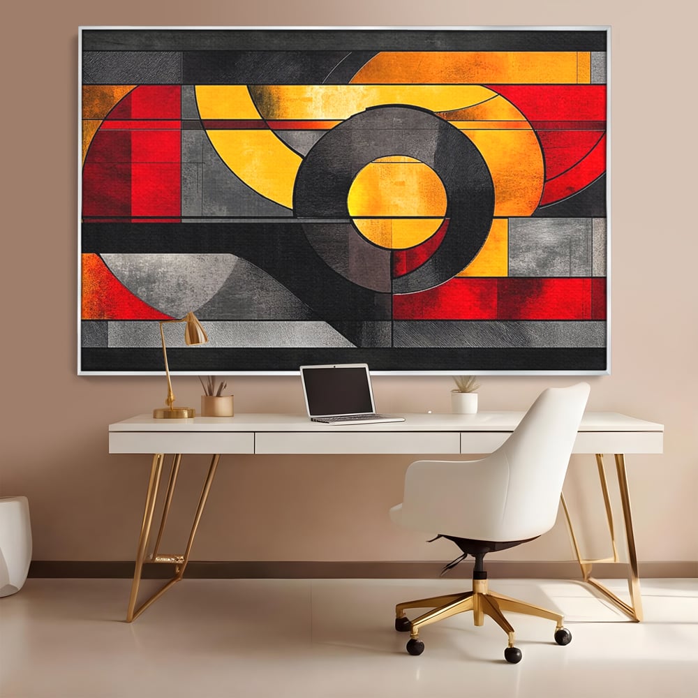 Tablou Canvas Premium, LuxCanva® C1302, Cercul care taie linistea, Geometrie, Culori, Abstract, Echilibru, Rosu, Foc, Cerc, Ars, Linii, Arhitectura, Simbol, Design, Arta, Birou, Living, Dormitor
