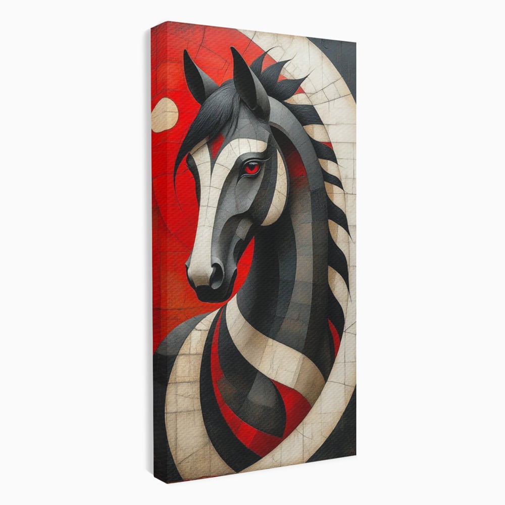 Tablou Canvas Premium, LuxCanva® C1303, Calul din foc si umbra, Geometrie, Culori, Abstract, Rosu, Foc, Linii, Cal, Frumusete, Animal, Veghe, Paznic, Simbol, Design, Arta, Birou, Living, Dormitor