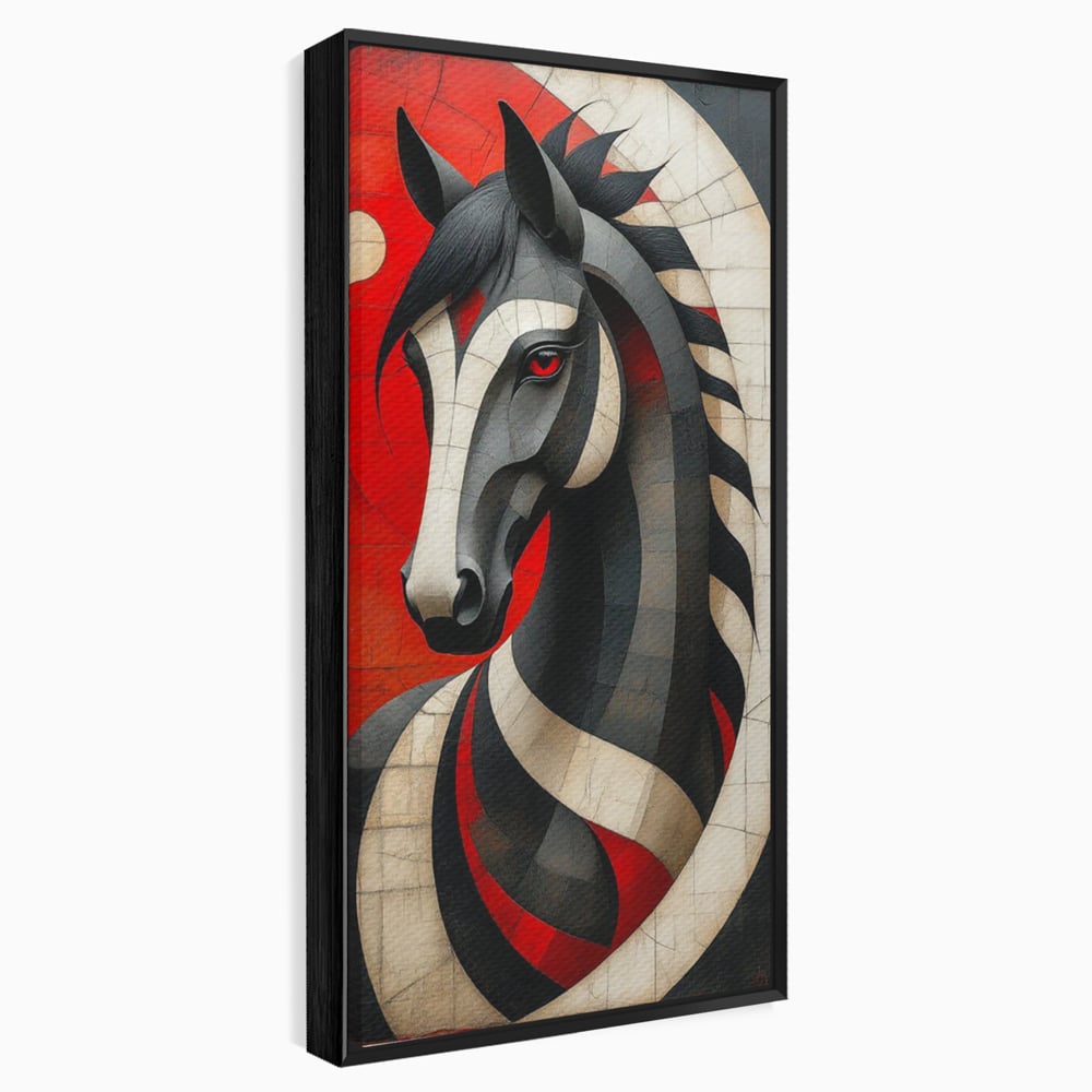 Tablou Canvas Premium, LuxCanva® C1303, Calul din foc si umbra, Geometrie, Culori, Abstract, Rosu, Foc, Linii, Cal, Frumusete, Animal, Veghe, Paznic, Simbol, Design, Arta, Birou, Living, Dormitor