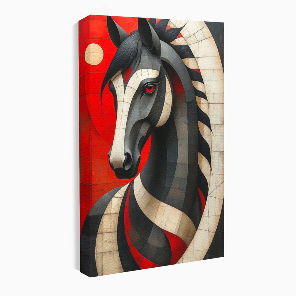 Tablou Canvas Premium, LuxCanva® C1303, Calul din foc si umbra, Geometrie, Culori, Abstract, Rosu, Foc, Linii, Cal, Frumusete, Animal, Veghe, Paznic, Simbol, Design, Arta, Birou, Living, Dormitor