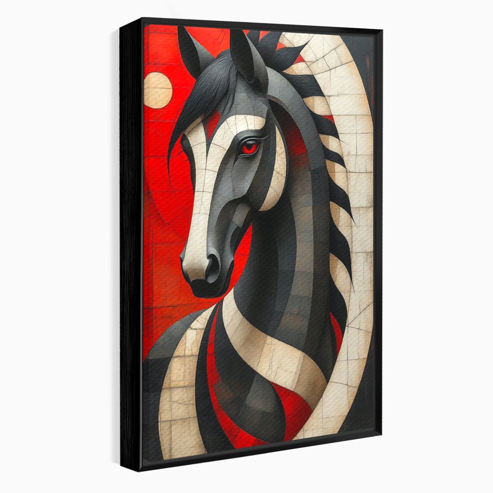 Tablou Canvas Premium, LuxCanva® C1303, Calul din foc si umbra, Geometrie, Culori, Abstract, Rosu, Foc, Linii, Cal, Frumusete, Animal, Veghe, Paznic, Simbol, Design, Arta, Birou, Living, Dormitor