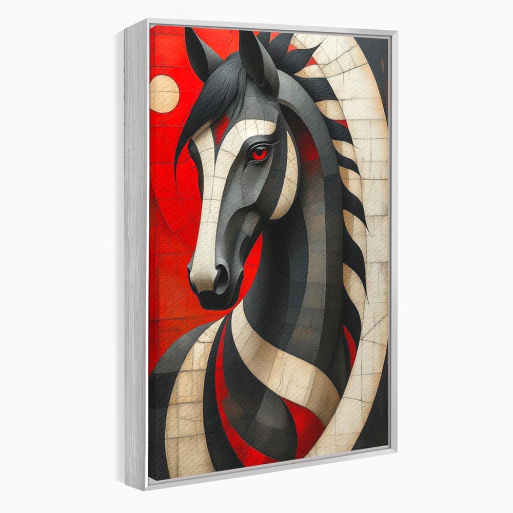 Tablou Canvas Premium, LuxCanva® C1303, Calul din foc si umbra, Geometrie, Culori, Abstract, Rosu, Foc, Linii, Cal, Frumusete, Animal, Veghe, Paznic, Simbol, Design, Arta, Birou, Living, Dormitor