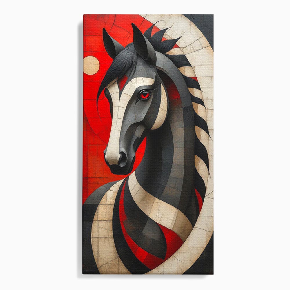 Tablou Canvas Premium, LuxCanva® C1303, Calul din foc si umbra, Geometrie, Culori, Abstract, Rosu, Foc, Linii, Cal, Frumusete, Animal, Veghe, Paznic, Simbol, Design, Arta, Birou, Living, Dormitor