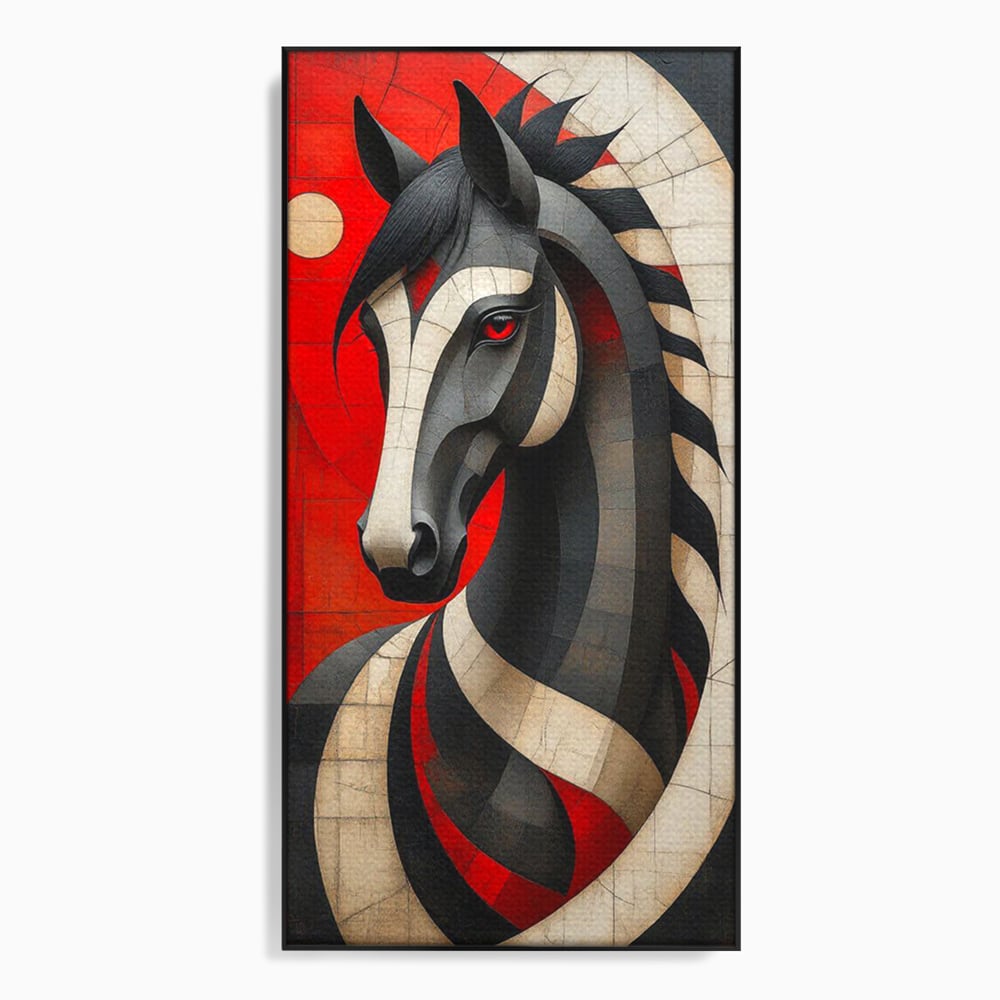 Tablou Canvas Premium, LuxCanva® C1303, Calul din foc si umbra, Geometrie, Culori, Abstract, Rosu, Foc, Linii, Cal, Frumusete, Animal, Veghe, Paznic, Simbol, Design, Arta, Birou, Living, Dormitor