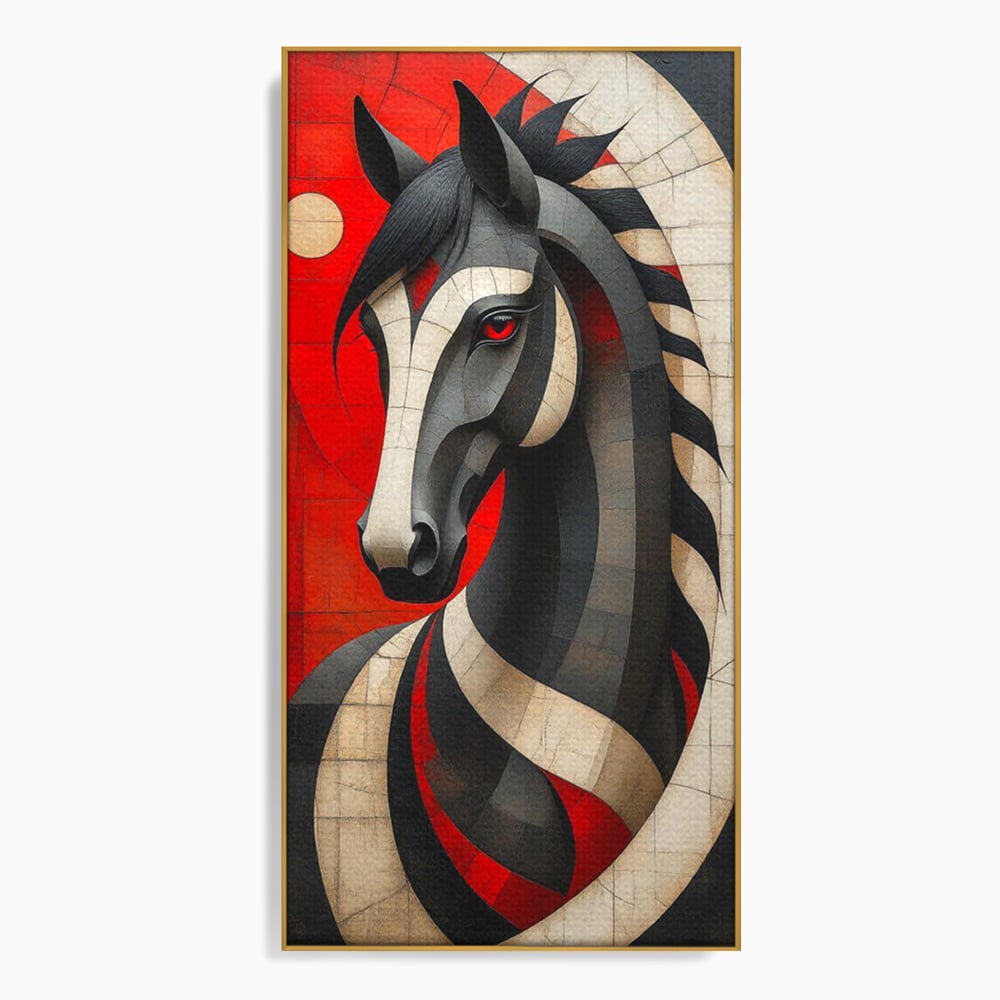 Tablou Canvas Premium, LuxCanva® C1303, Calul din foc si umbra, Geometrie, Culori, Abstract, Rosu, Foc, Linii, Cal, Frumusete, Animal, Veghe, Paznic, Simbol, Design, Arta, Birou, Living, Dormitor