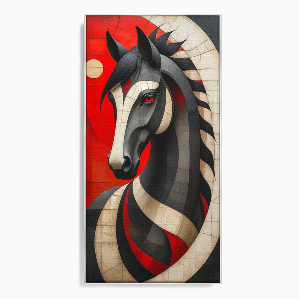 Tablou Canvas Premium, LuxCanva® C1303, Calul din foc si umbra, Geometrie, Culori, Abstract, Rosu, Foc, Linii, Cal, Frumusete, Animal, Veghe, Paznic, Simbol, Design, Arta, Birou, Living, Dormitor