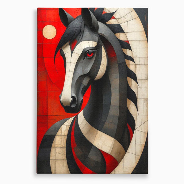 Tablou Canvas Premium, LuxCanva® C1303, Calul din foc si umbra, Geometrie, Culori, Abstract, Rosu, Foc, Linii, Cal, Frumusete, Animal, Veghe, Paznic, Simbol, Design, Arta, Birou, Living, Dormitor