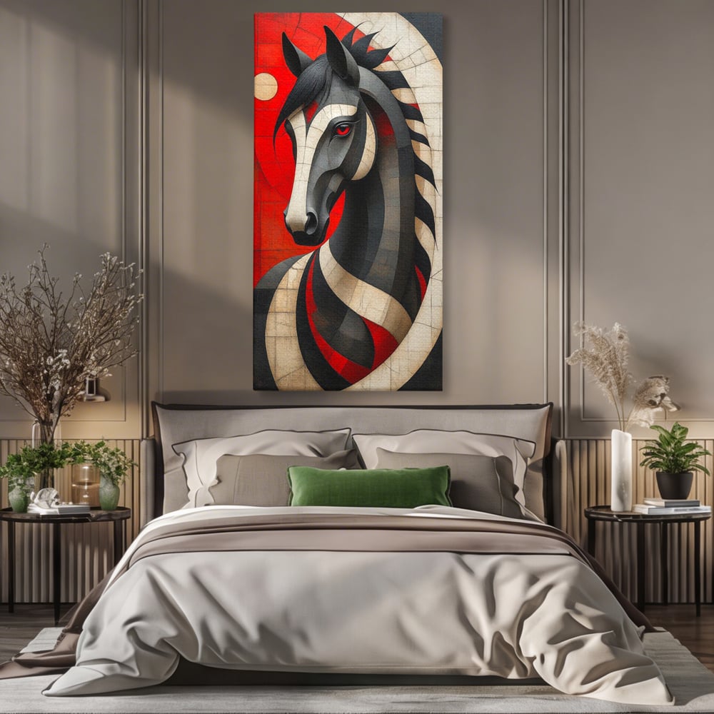 Tablou Canvas Premium, LuxCanva® C1303, Calul din foc si umbra, Geometrie, Culori, Abstract, Rosu, Foc, Linii, Cal, Frumusete, Animal, Veghe, Paznic, Simbol, Design, Arta, Birou, Living, Dormitor
