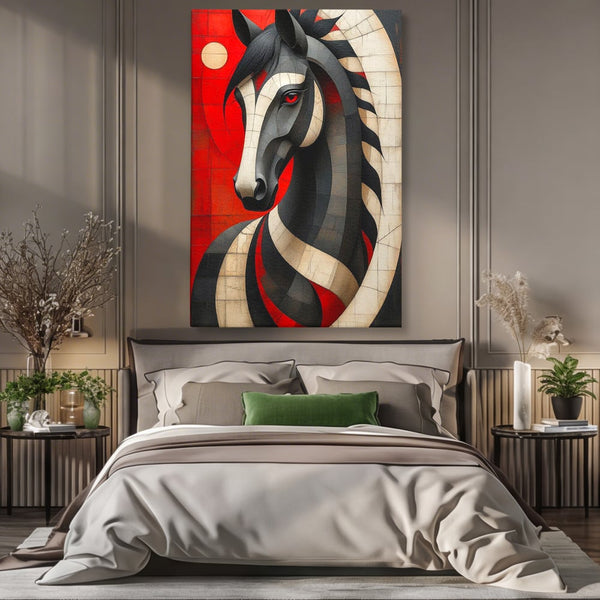 Tablou Canvas Premium, LuxCanva® C1303, Calul din foc si umbra, Geometrie, Culori, Abstract, Rosu, Foc, Linii, Cal, Frumusete, Animal, Veghe, Paznic, Simbol, Design, Arta, Birou, Living, Dormitor