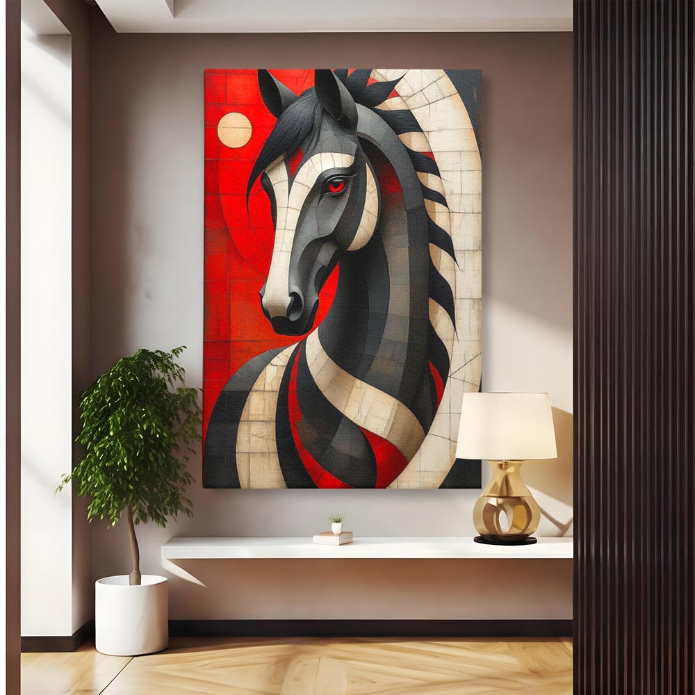 Tablou Canvas Premium, LuxCanva® C1303, Calul din foc si umbra, Geometrie, Culori, Abstract, Rosu, Foc, Linii, Cal, Frumusete, Animal, Veghe, Paznic, Simbol, Design, Arta, Birou, Living, Dormitor