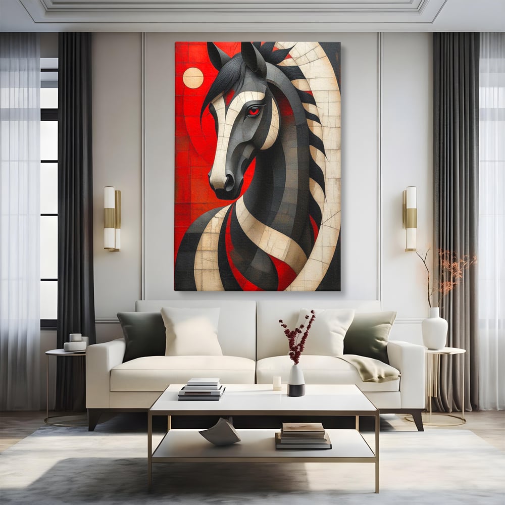Tablou Canvas Premium, LuxCanva® C1303, Calul din foc si umbra, Geometrie, Culori, Abstract, Rosu, Foc, Linii, Cal, Frumusete, Animal, Veghe, Paznic, Simbol, Design, Arta, Birou, Living, Dormitor