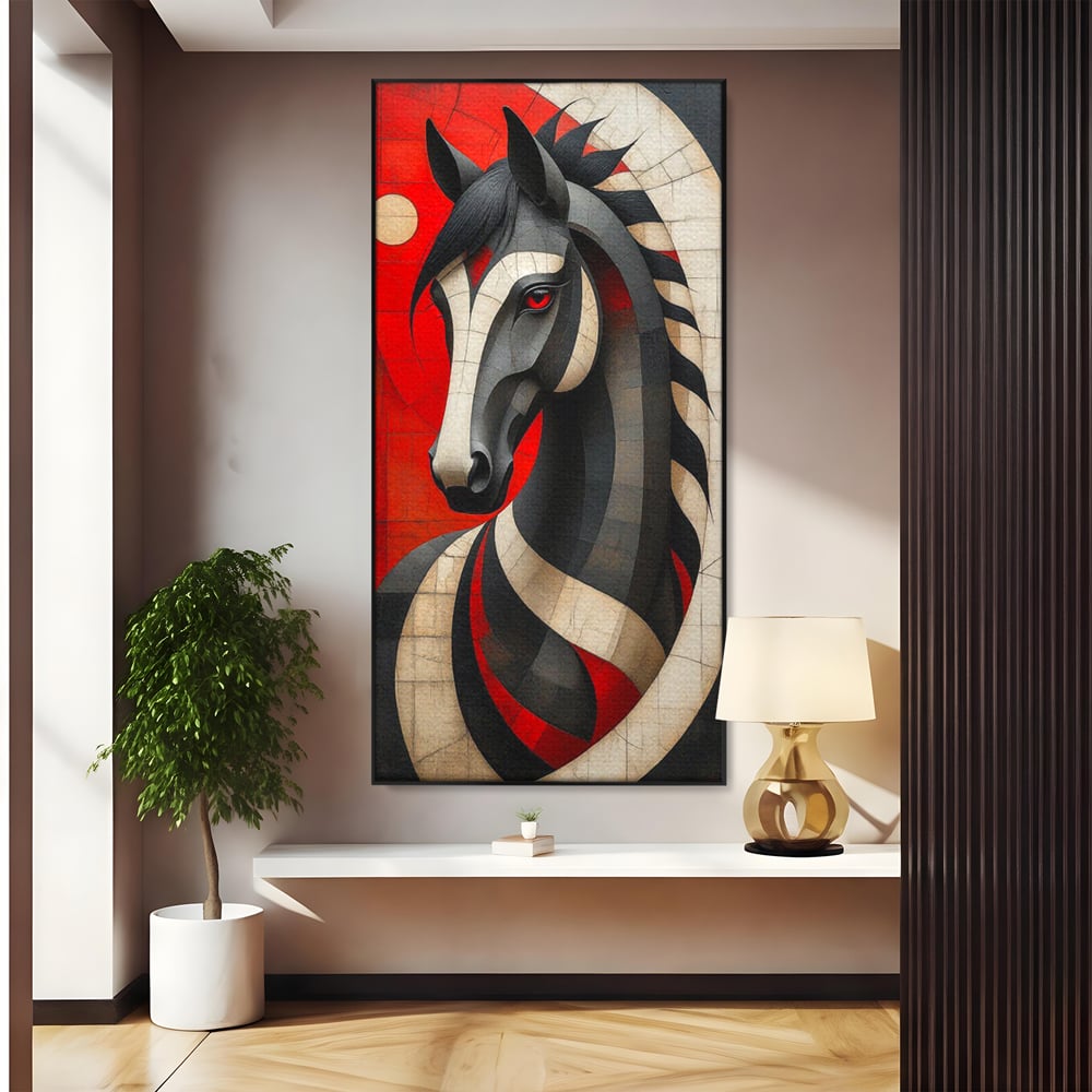 Tablou Canvas Premium, LuxCanva® C1303, Calul din foc si umbra, Geometrie, Culori, Abstract, Rosu, Foc, Linii, Cal, Frumusete, Animal, Veghe, Paznic, Simbol, Design, Arta, Birou, Living, Dormitor