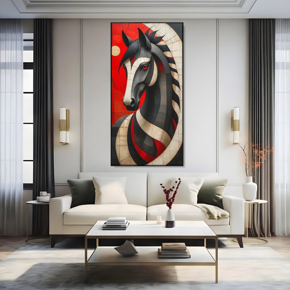 Tablou Canvas Premium, LuxCanva® C1303, Calul din foc si umbra, Geometrie, Culori, Abstract, Rosu, Foc, Linii, Cal, Frumusete, Animal, Veghe, Paznic, Simbol, Design, Arta, Birou, Living, Dormitor