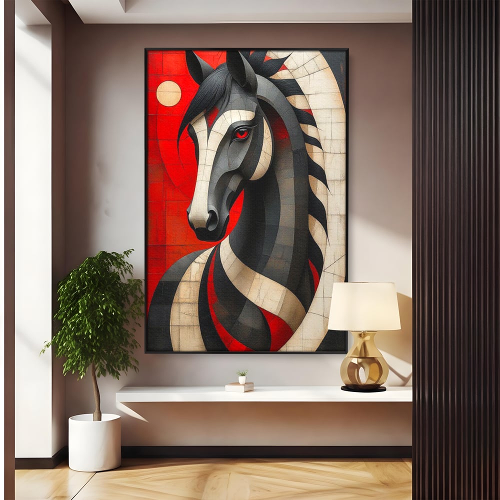 Tablou Canvas Premium, LuxCanva® C1303, Calul din foc si umbra, Geometrie, Culori, Abstract, Rosu, Foc, Linii, Cal, Frumusete, Animal, Veghe, Paznic, Simbol, Design, Arta, Birou, Living, Dormitor