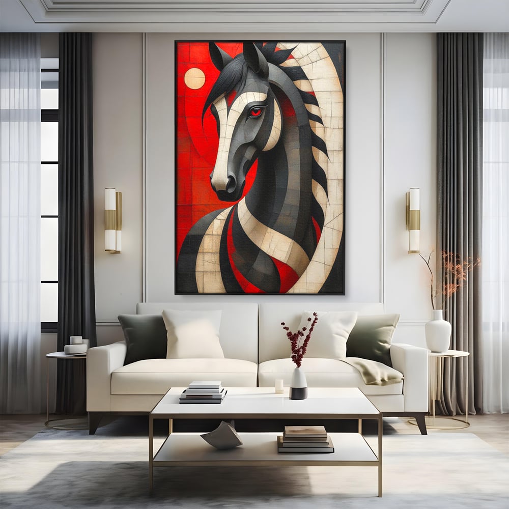 Tablou Canvas Premium, LuxCanva® C1303, Calul din foc si umbra, Geometrie, Culori, Abstract, Rosu, Foc, Linii, Cal, Frumusete, Animal, Veghe, Paznic, Simbol, Design, Arta, Birou, Living, Dormitor