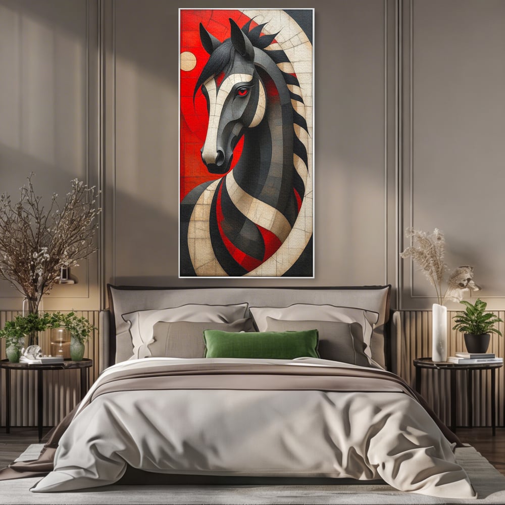 Tablou Canvas Premium, LuxCanva® C1303, Calul din foc si umbra, Geometrie, Culori, Abstract, Rosu, Foc, Linii, Cal, Frumusete, Animal, Veghe, Paznic, Simbol, Design, Arta, Birou, Living, Dormitor