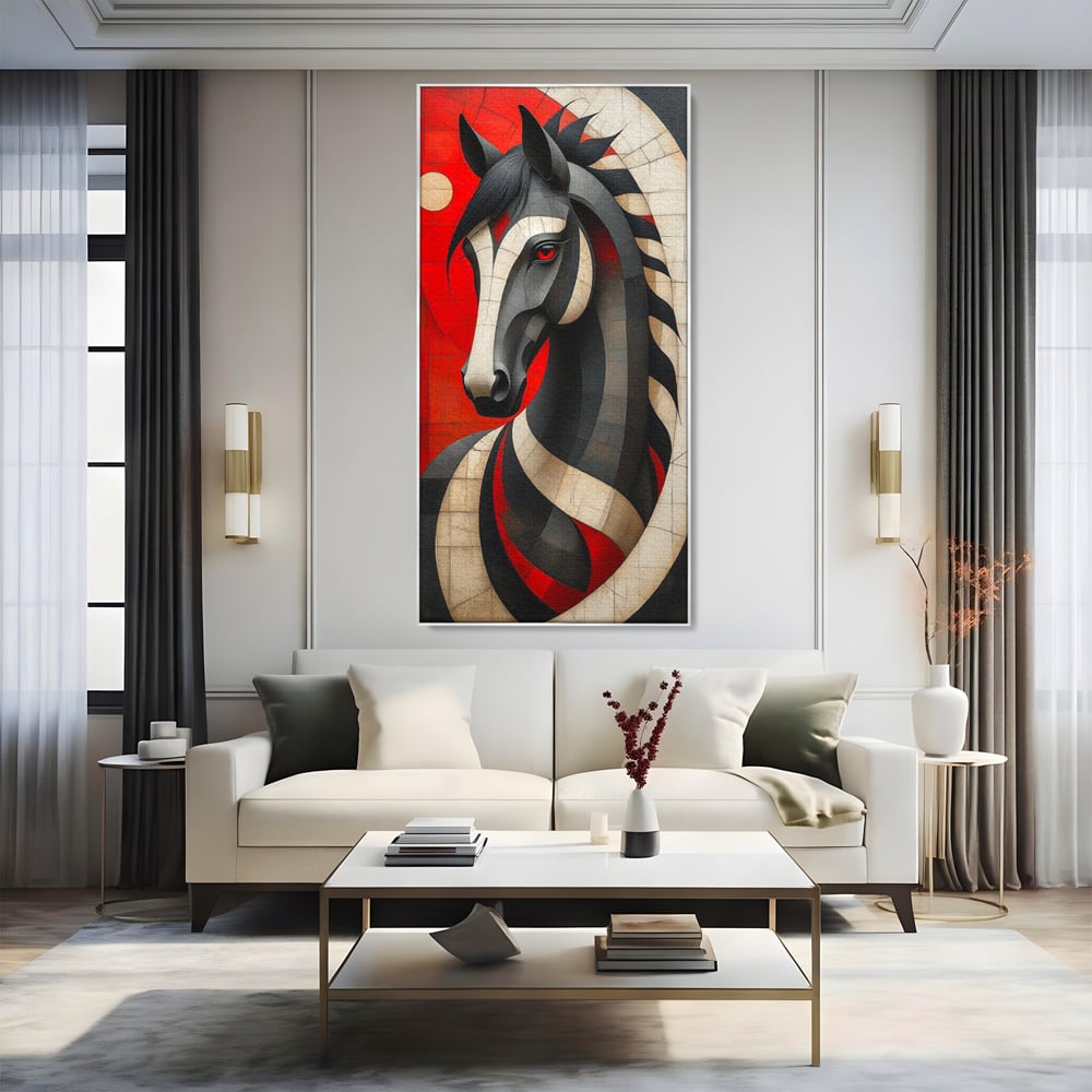 Tablou Canvas Premium, LuxCanva® C1303, Calul din foc si umbra, Geometrie, Culori, Abstract, Rosu, Foc, Linii, Cal, Frumusete, Animal, Veghe, Paznic, Simbol, Design, Arta, Birou, Living, Dormitor