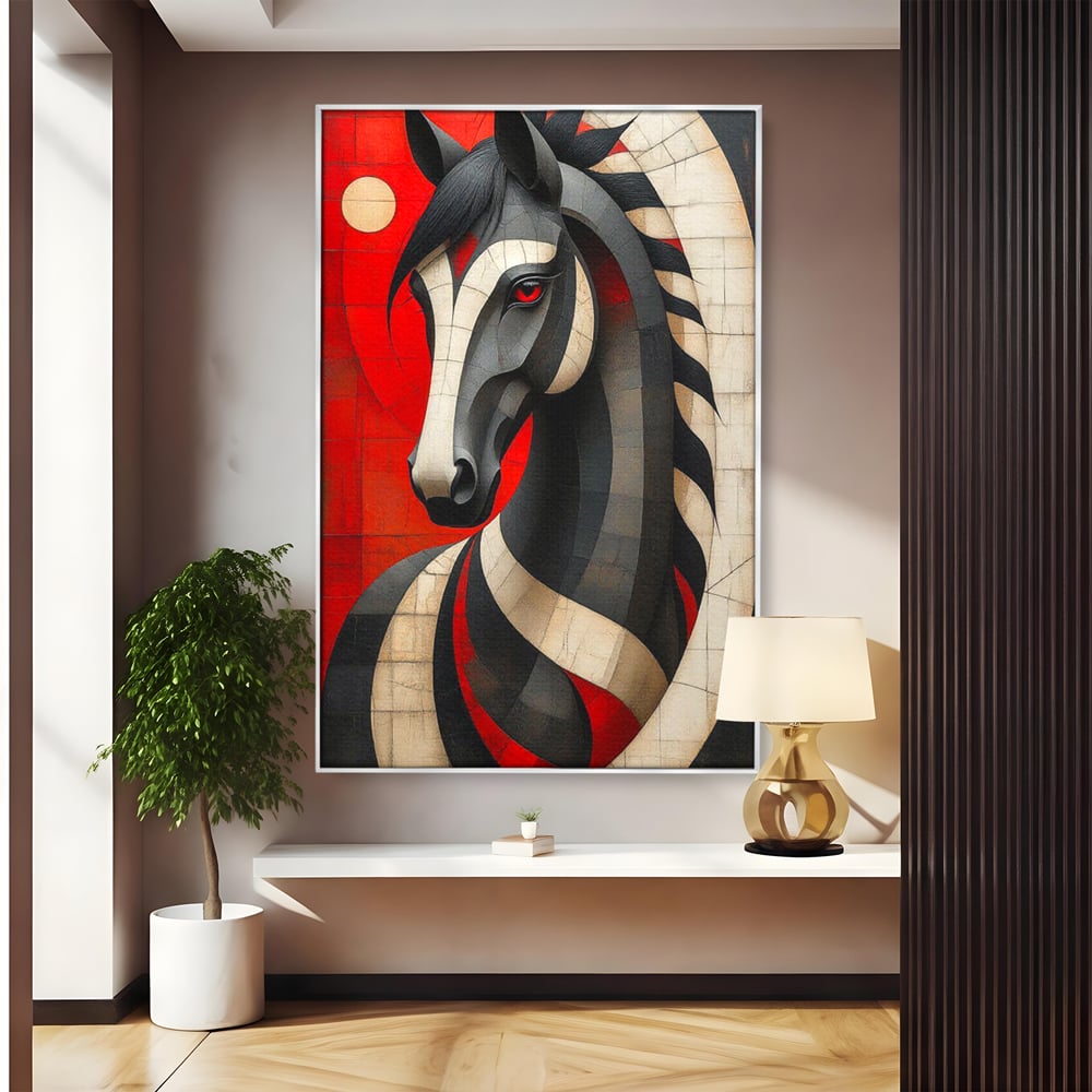 Tablou Canvas Premium, LuxCanva® C1303, Calul din foc si umbra, Geometrie, Culori, Abstract, Rosu, Foc, Linii, Cal, Frumusete, Animal, Veghe, Paznic, Simbol, Design, Arta, Birou, Living, Dormitor